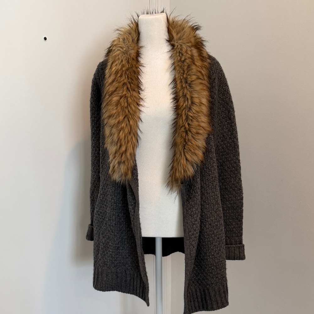 Joie Dark Gray Cardigan with Faux Fur Trim